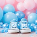 Blue baby shoes surrounded by balloons for gender reveal&nbsp;party
